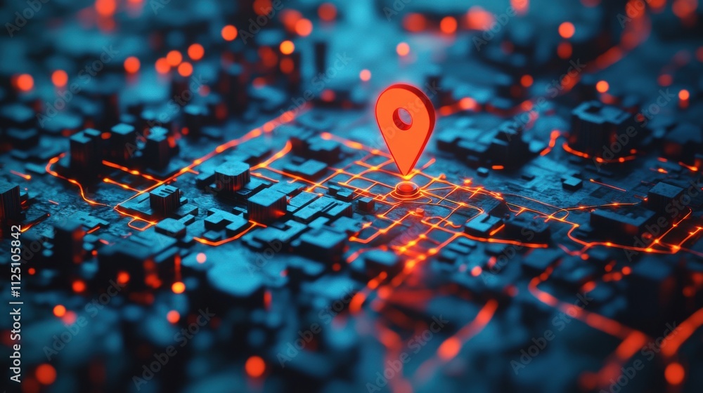 Poster futuristic map interface with glowing location pin and city grid.