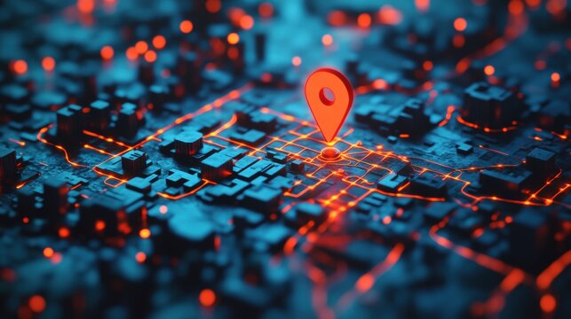 Futuristic map interface with glowing location pin and city grid. - Powered by Adobe
