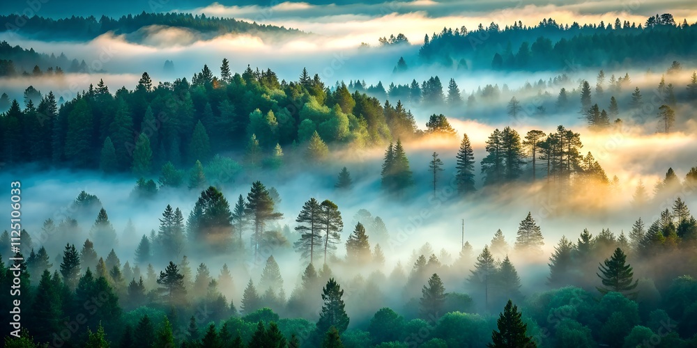 Poster mysterious fog envelops the forest as evening descends, creating a tranquil and enchanting atmospher