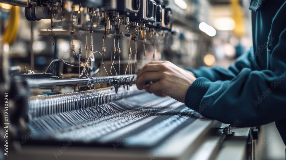 Aufkleber close-up of a technician operating a textile machine in a modern factory.