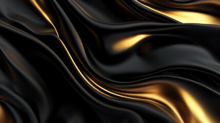 Fototapeta premium Luxurious black and gold silk fabric with smooth, flowing patterns and shiny textures.