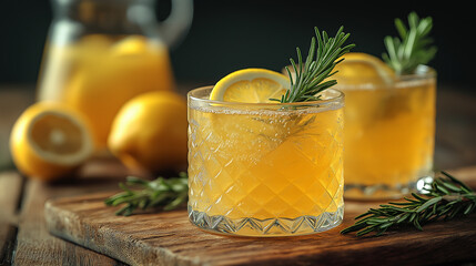 Fototapeta premium Homemade Lemonade with Rosemary in Crystal Glasses on Rustic Wooden Board 