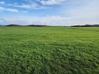 Obraz premium Green Irish pasture under cloudy summer sky background, picturesque field landscape