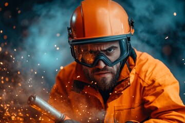 Fototapeta premium A dynamic shot of a miner holding a stick of dynamite in a rugged quarry, with dust and tools in the background