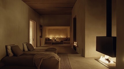 Fototapeta premium Modern minimalist living room with a sleek fireplace, minimal furniture, and neutral tones, cozy atmosphere with soft cushions and throws