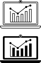Stock Exchange Icons. Black and White Vector Illustrations. Laptop and Stock Price Growth Chart. Stock Trading. Stock Market Concept