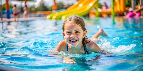 Naklejka premium Girl enjoys swimming and playing in a water park pool during a sunny day with colorful slides in the background girl, swim, water park, pool, sunny day, slides, playing, happy, child, splashes, 