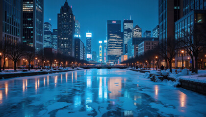 Fototapeta premium Winter cityscape with a frozen river and skyscrapers in a cold urban environment 