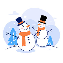 Obraz premium Snowman and children flat cartoon illustration. Kids playing to make a snowman cartoon.