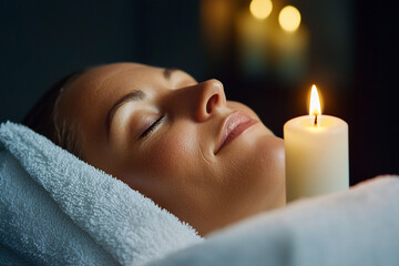 peaceful face resting on towel, illuminated by candle warm glow, evokes sense of tranquility and relaxation. serene atmosphere enhances calming experience