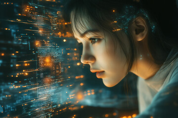 Young woman engaging with digital interface in a futuristic setting. Generative AI