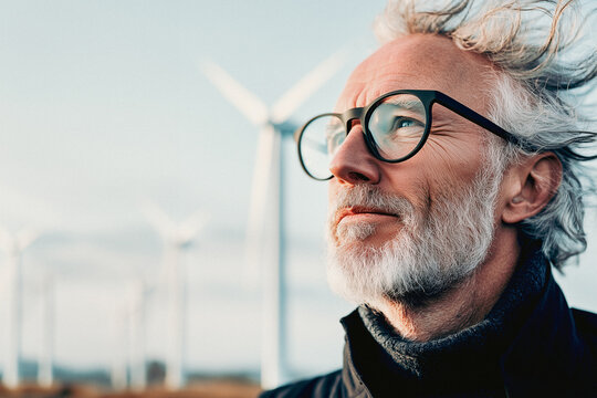   consultant with grey hair, gazing thoughtfully towards the horizon. In the blurred background, a wind farm symbolizes renewable energy and environmental commitment,