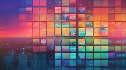 Digital art depicting a futuristic wall covered with thumbnails of modern media and news.