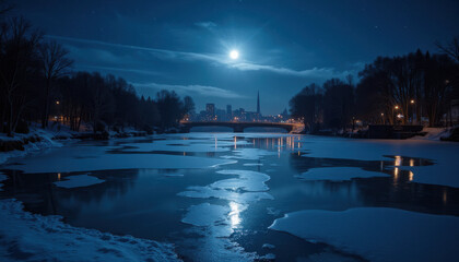 Moonlit winter river with reflections and a bridge under a starry night sky