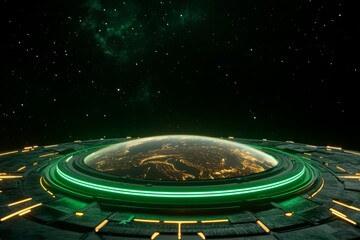 A futuristic depiction of Earth surrounded by glowing satellites and a holographic overlay, symbolizing advanced planetary exploration
