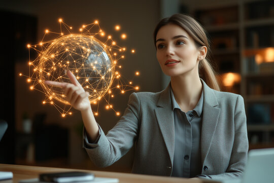 A businesswoman pointing at a holographic globe surrounded by network symbols and connection lines.