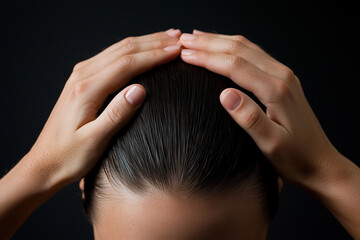 Soft hands gently massaging smooth scalp, creating calming and soothing experience. focus is on relaxation and self care, enhancing well being and tranquility