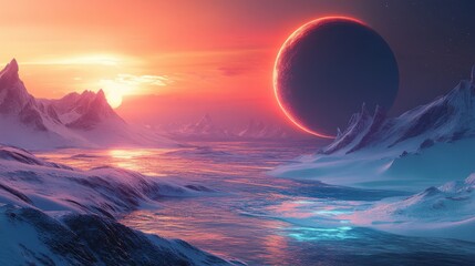 Alien planet sunset with snowy mountains and river.