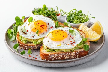 Delicious avocado toast topped with fried eggs, garnished with sprouts and lemon, perfect for a healthy breakfast.