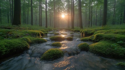. Serene sunrise over mossy stream in misty forest.
