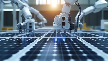 A photorealistic image of robotic arms tending to solar panels on an assembly line, showcasing the integration and intersection between new energy technology production and AI-powered industrial.