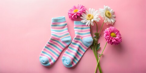 Colorful striped socks paired with vibrant flowers on a soft pink background create a whimsical atmosphere