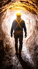 A man in a hard hat walks through a tunnel