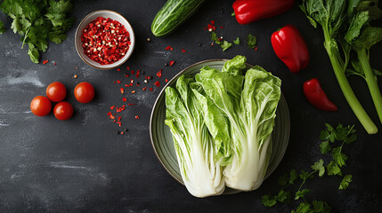 Kimchi dish, healthy vegetable in asian cuisine, traditional spicy korean meal, delicious red food fresh from homemade recipe, cabbage ingredient.