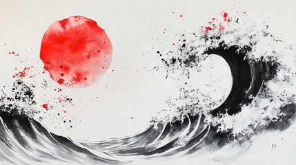 Japanese Wave and Red Sun Ink Painting AI generated illustration