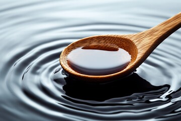 Soy Sauce Pouring from Wooden Spoon onto Water Ripple Background. AI generated illustration