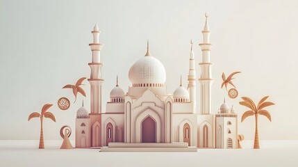 Obraz premium Elegant 3D rendering of a mosque with palm trees and Islamic symbols.