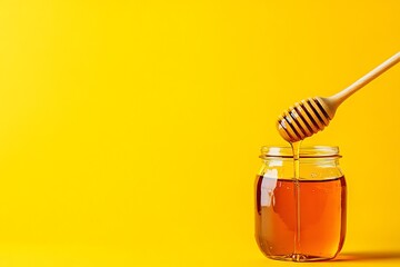 Syrup Dripping from Wooden Spoon into Honey Jar on Yellow Background. AI generated illustration
