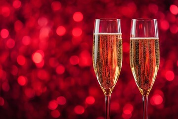 Two Glasses of Champagne on Red Bokeh Background for New Year Celebration. AI generated illustration