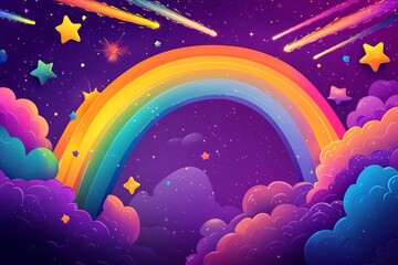 Illustration of Rainbow, Shooting Stars, and Clouds on Dark Purple Background. AI generated illustration