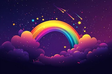 Illustration of Rainbow, Shooting Stars, and Clouds on Dark Purple Background. AI generated illustration