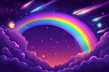 Illustration of Rainbow, Shooting Stars, and Clouds on Dark Purple Background. AI generated illustration