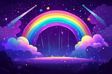 Illustration of Rainbow, Shooting Stars, and Clouds on Dark Purple Background. AI generated illustration