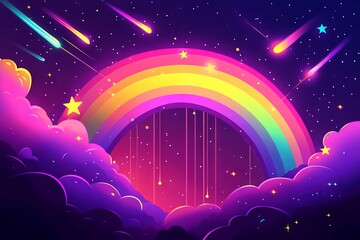 Illustration of Rainbow, Shooting Stars, and Clouds on Dark Purple Background. AI generated illustration
