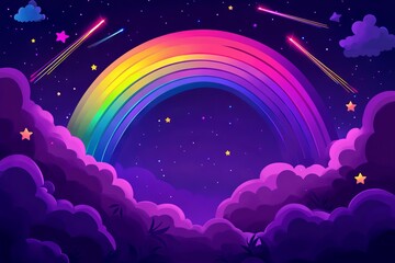 Illustration of Rainbow, Shooting Stars, and Clouds on Dark Purple Background. AI generated illustration