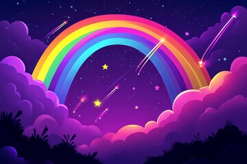 Illustration of Rainbow, Shooting Stars, and Clouds on Dark Purple Background. AI generated illustration