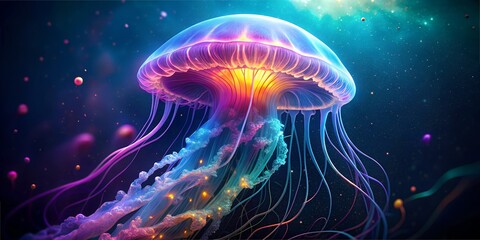 Naklejka premium Neon jellyfish illuminate the deep ocean with their radiant glow at night