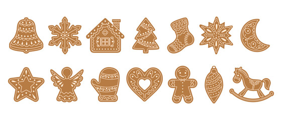 Set of Christmas gingerbread cookies. Winter sweet homemade biscuits in the form of different characters and holiday items Illustration for Christmas and New Year.