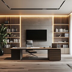 modern office cabin, straight line, concealed indirect lighting such that the source of the light isn't visible, modern material and European style office furniture, plants, wooden floor.