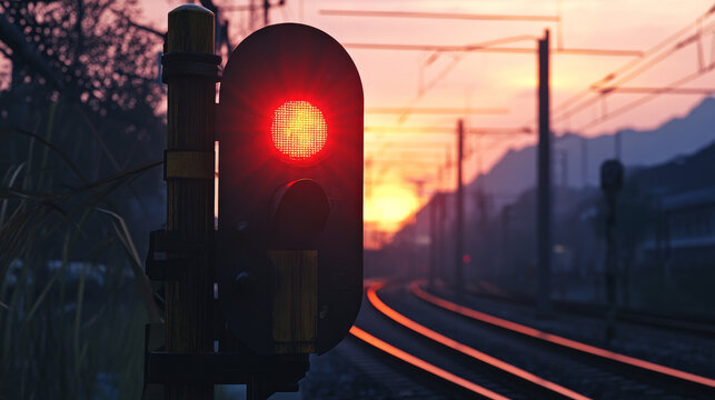 A red light is displayed on the traffic signal at the railway crossing.