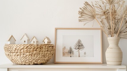 small white houses in a wicker basket on a shelf