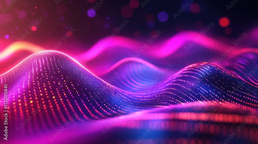 Poster a vibrant display of flowing waves in purple and pink hues, creating an abstract representation of s