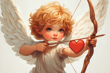 Obraz premium A cute baby angel with fluffy wings, depicted as Cupid for Valentine's Day, holding a heart-shaped bow and arrow, illustrated in a charming cartoon style