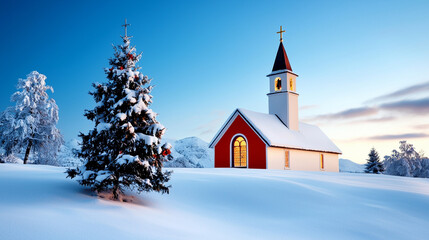 Snow-covered chapel in serene winter landscape with glowing window, surrounded by frosted trees at sunset.