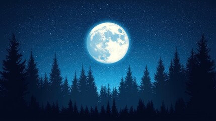 Fototapeta premium Serene nightscape with full moon over a pine forest