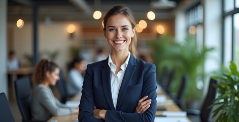 Smiling businesswoman in modern office with arms crossed